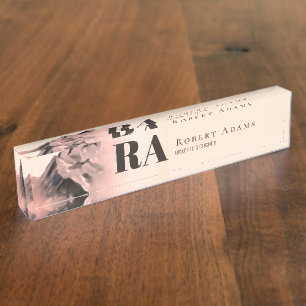 Rose Gold Watercolor Mountains Abstract Monogram Desk Name Plate