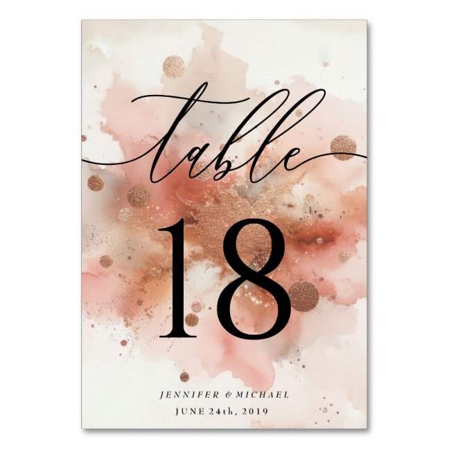 Rose Gold Watercolor Pink Wedding table Number