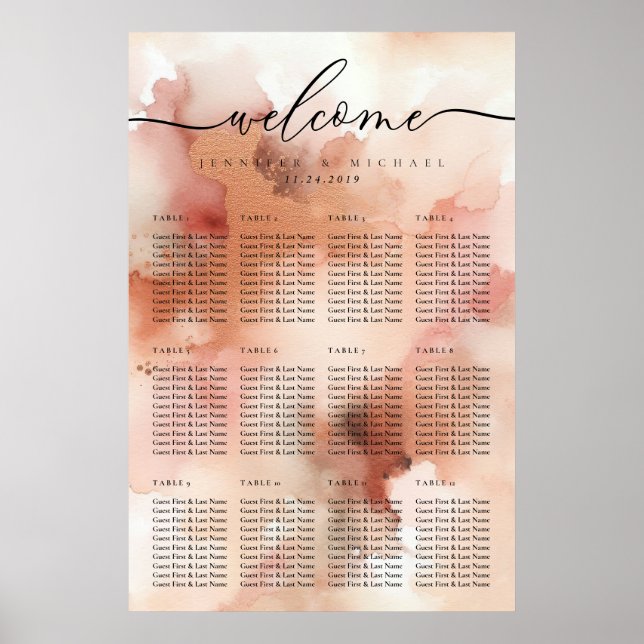 Rose Gold Watercolor Pink Wedding Table Number Poster (Front)