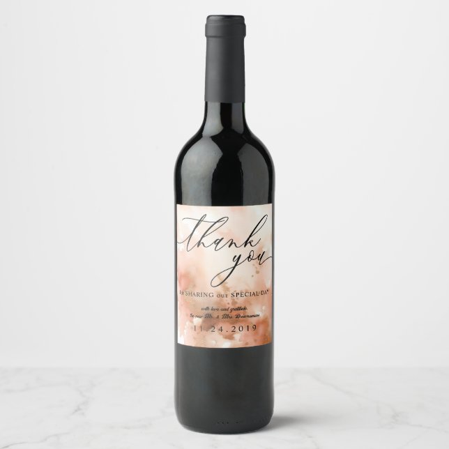 Rose Gold Watercolor Pink Wedding Thank Wine Label (Front)