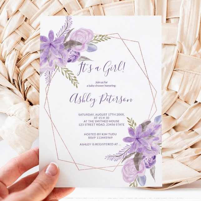 Rose gold watercolor purple floral baby shower invitation