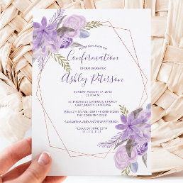 Rose gold watercolor purple floral confirmation invitation