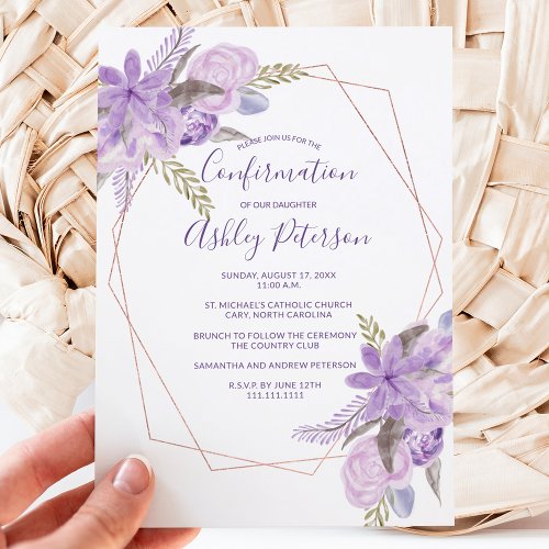 Rose gold watercolor purple floral confirmation invitation