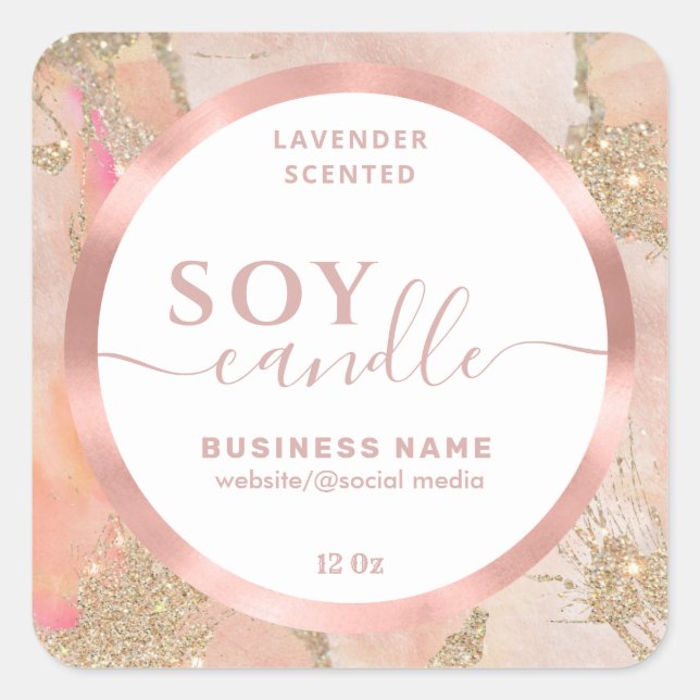 Rose gold watercolor script soy candle label (Front)