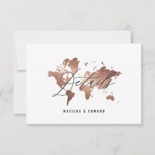 Rose gold watercolor world map wedding details RSVP card