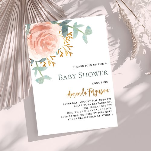 Rose gold watercolored floral baby shower invitation