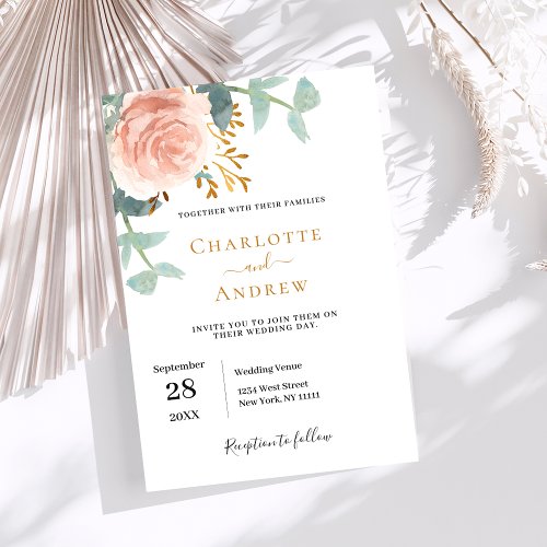 Rose gold watercolored floral greenery wedding invitation
