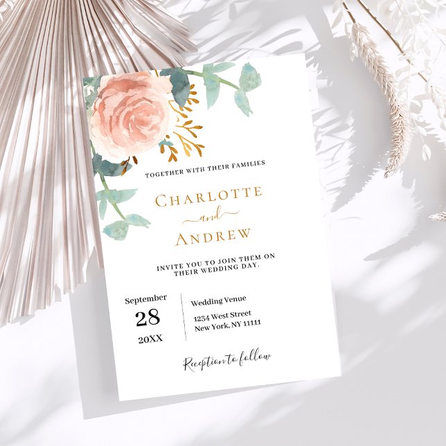 Rose gold watercolored floral greenery wedding invitation (Creator Uploaded)