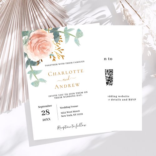 Rose gold watercolored floral QR code RSVP wedding Invitation