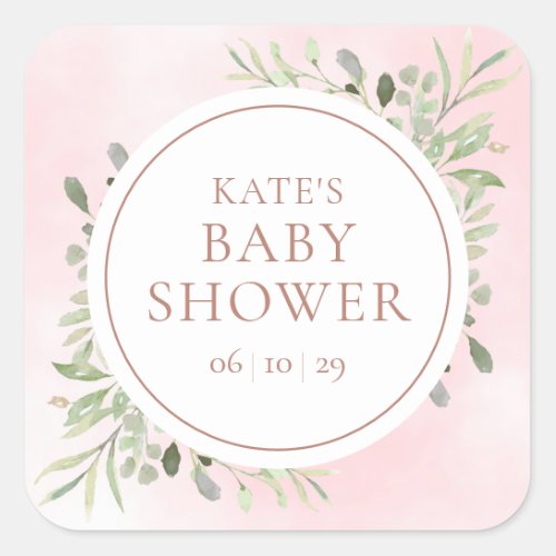 Rose Gold Watercolour Greenery Baby Shower Square Sticker