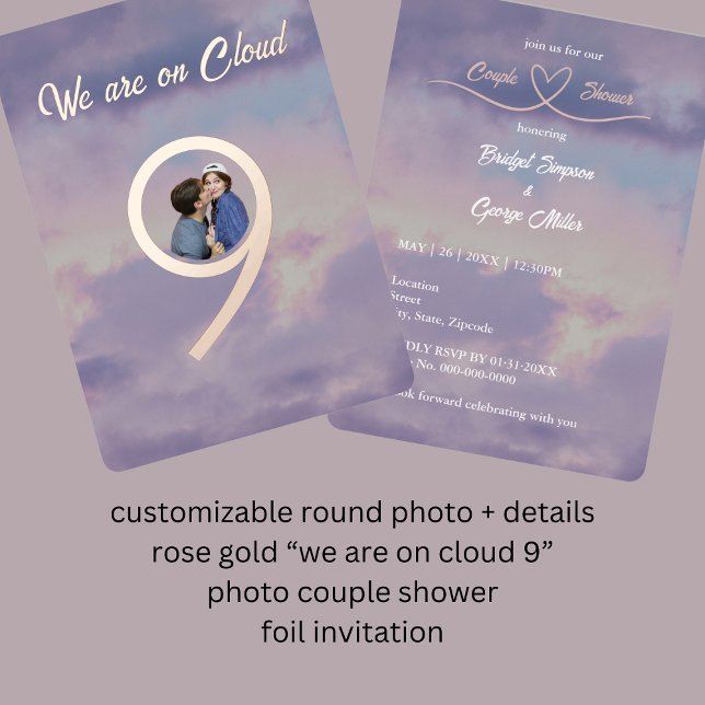 rose gold we are on cloud 9 photo couple shower foil invitation (customizable round photo + details rose gold “we are on cloud 9” photo couple shower foil invitation)