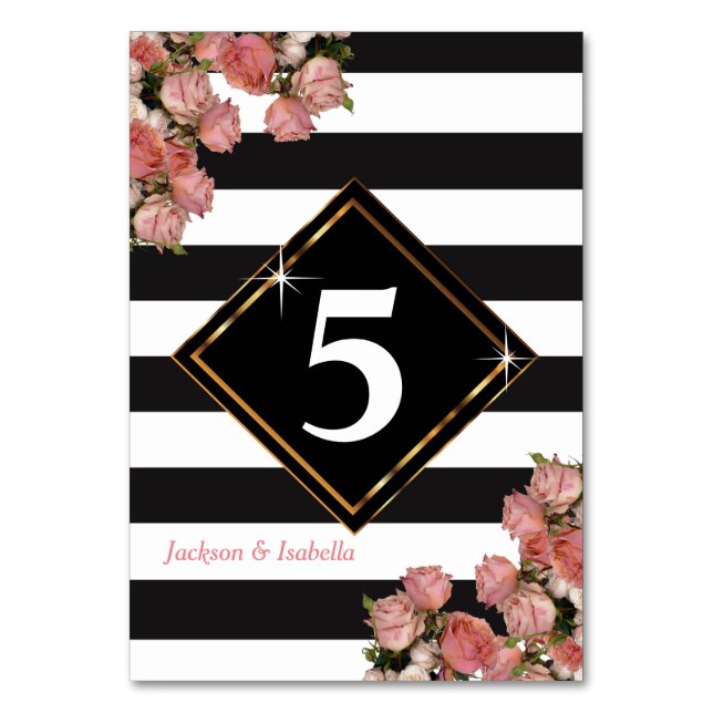 Rose Gold Wedding Black & White Stripe Table Number (Front)