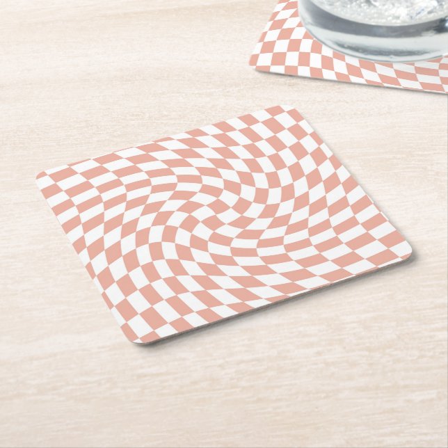 Rose Gold Wedding Collection Check Checkered   Square Paper Coaster (Angled)