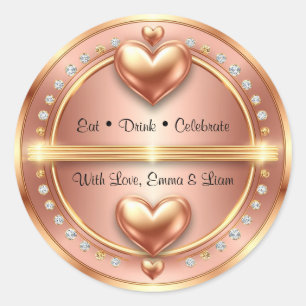 🌸 Rose Gold Wedding Favor with Hearts 💖 Classic Round Sticker