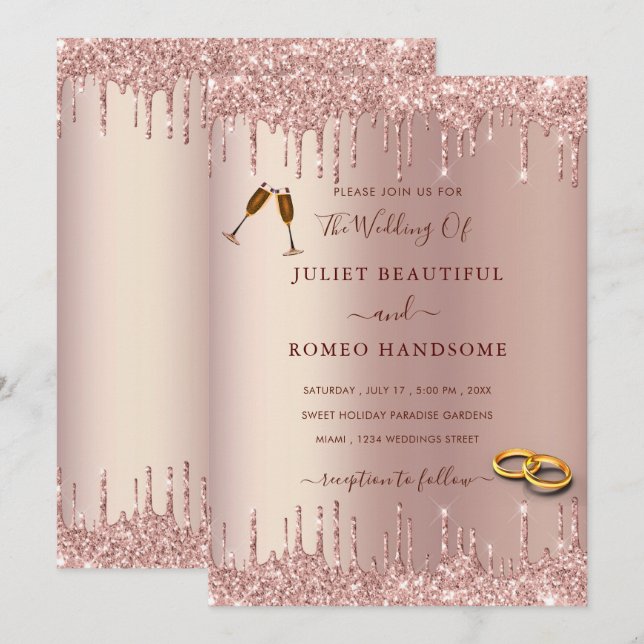 Rose Gold Wedding Invitation Elegant Blush Glitter (Front/Back)