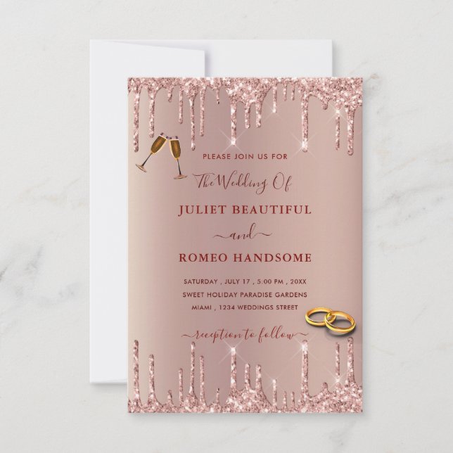 Rose Gold Wedding Invitation with Glitter Drips (Front)