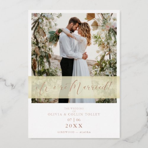 Rose Gold Wedding Just Married Hand Lettered Foil Invitation