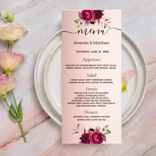 Rose gold wedding menu burgundy florals elegant
