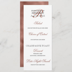 Rose gold wedding menu DIY elegant dinner Invitation