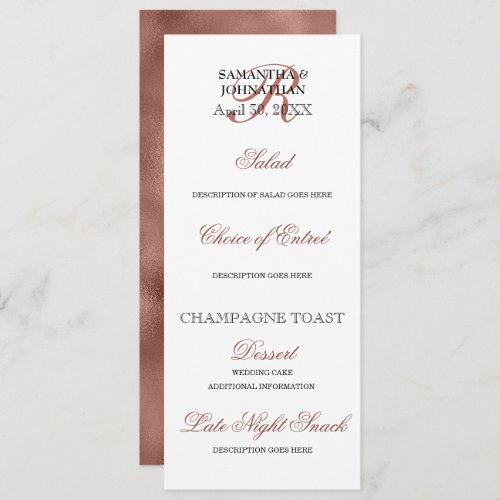 Rose gold wedding menu DIY elegant dinner  Invitation