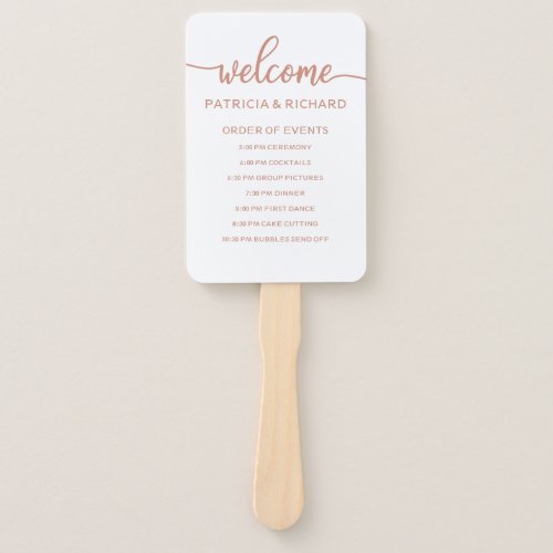 Rose Gold Wedding Order of Events Schedule Hand Fan