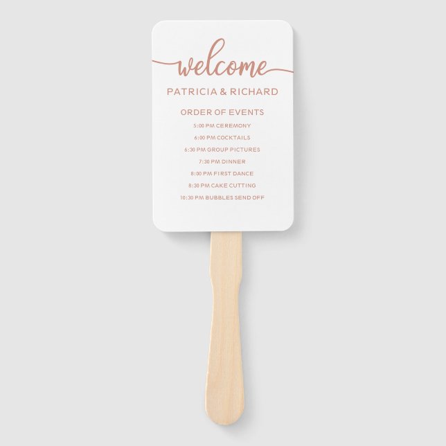 Rose Gold Wedding Order of Events Schedule Hand Fan (Front)