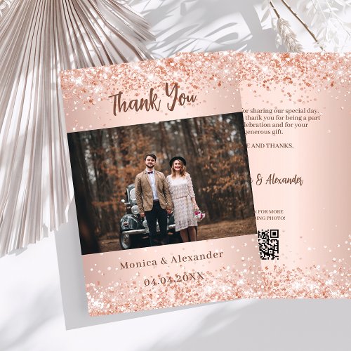 Rose gold wedding photo QR code thank you card