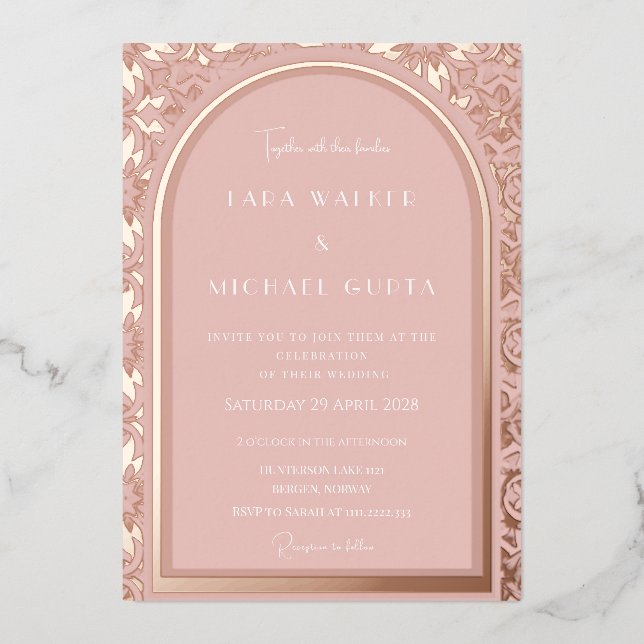 Rose Gold Wedding (Retro-Dotted) Foil Invitation (Front)