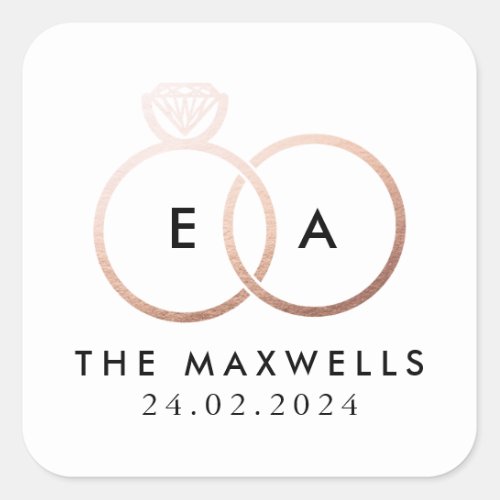 Rose Gold Wedding Ring Monogram Name and Date Square Sticker