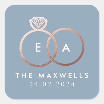Rose Gold Wedding Ring Monogram Name Date Blue Square Sticker by 2BirdStone at Zazzle