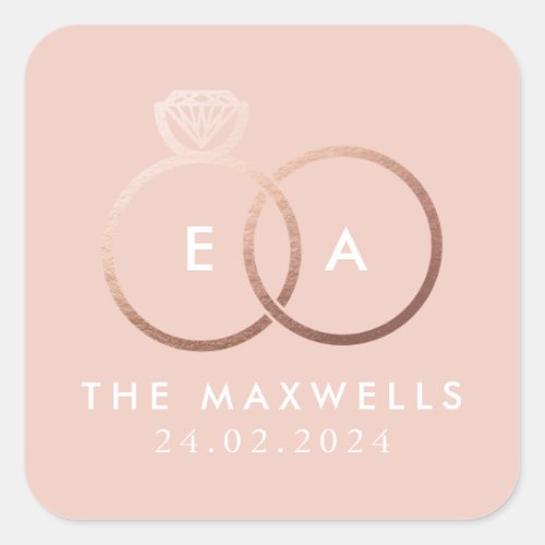 Rose Gold Wedding Ring Monogram Name Date Blush Square Sticker