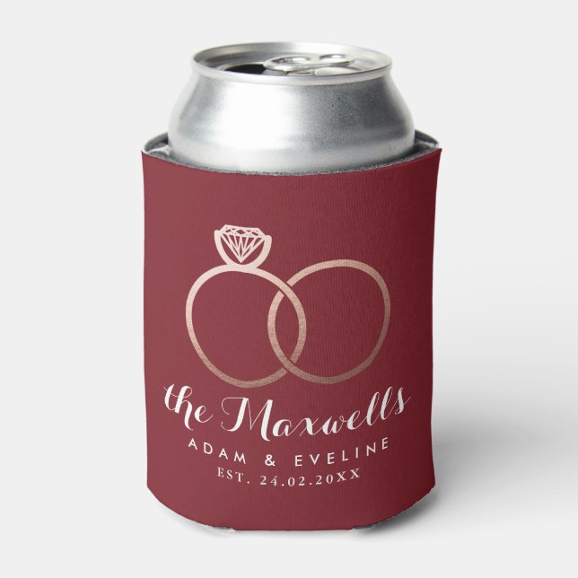 Rose Gold Wedding Rings Burgundy Can Cooler (Can Front)