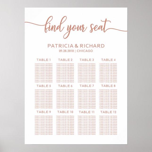 Rose Gold Wedding Seating Plan Board Calligraphy Poster (Front)