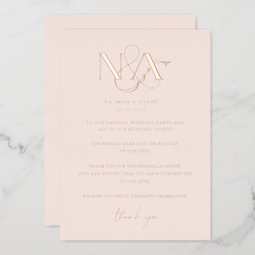 Rose Gold  Wedding Table Thank You  Foil Invitation