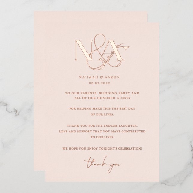 Rose Gold | Wedding Table Thank You  Foil Invitation (Front/Back)