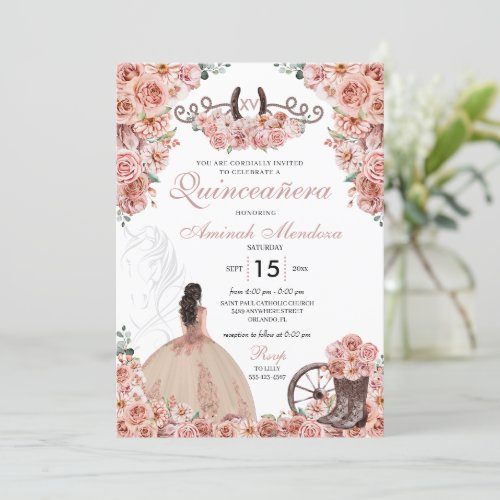 Rose Gold Western Charra Floral Boots Quinceaera Invitation