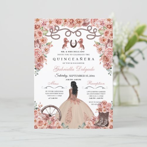 Rose Gold Western Charra Girl Ranchero Quinceanera Invitation