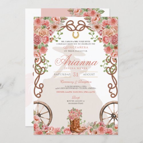 Rose Gold Western Charra Ranchera Quinceaera Invitation