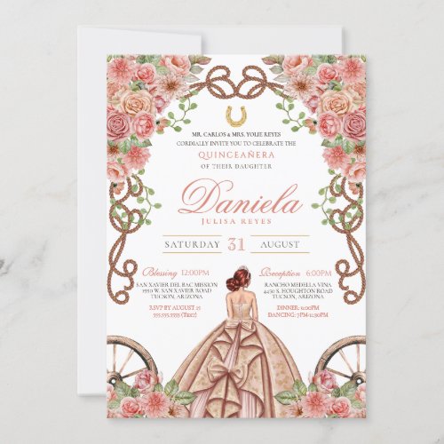Rose Gold Western Pink Floral Quinceanera Invitation
