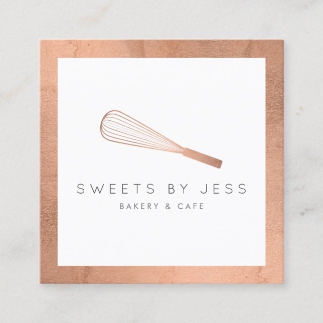 Rose Gold Whisk Bakery Square Business Card (Front)