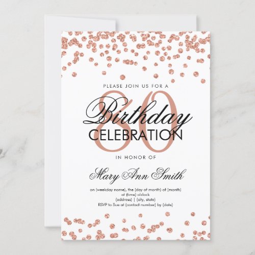 Rose Gold White 80th Birthday Glitter Confetti Invitation