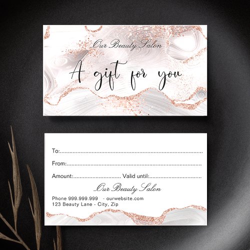 Rose gold white agate marble gift certificate