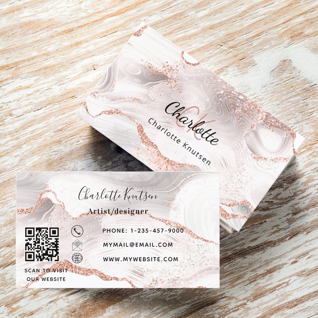 Rose gold white agate marble monogram QR code Business Card (Creator Uploaded)
