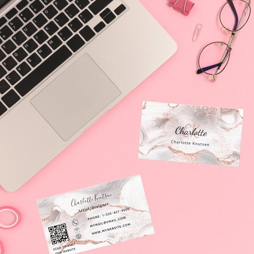 Rose gold white agate marble monogram QR code Business Card