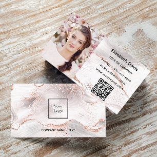 Rose gold white agate marble photo QR code logo  Business Card