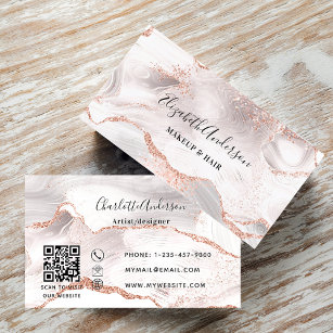 Rose gold white agate marble QR code  Business Card