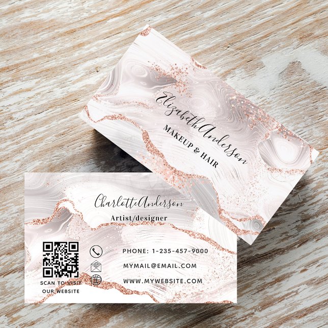 Rose gold white agate marble QR code  Business Card (Creator Uploaded)