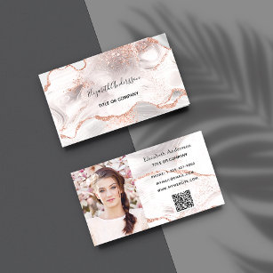 Rose gold white agate marble QR code photo Business Card