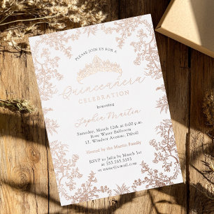 Rose Gold White Blush Elegant Vintage Quinceanera Foil Invitation