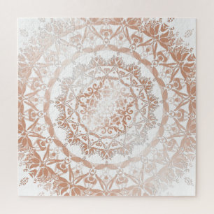 Rose Gold White Damask Mandala Jigsaw Puzzle